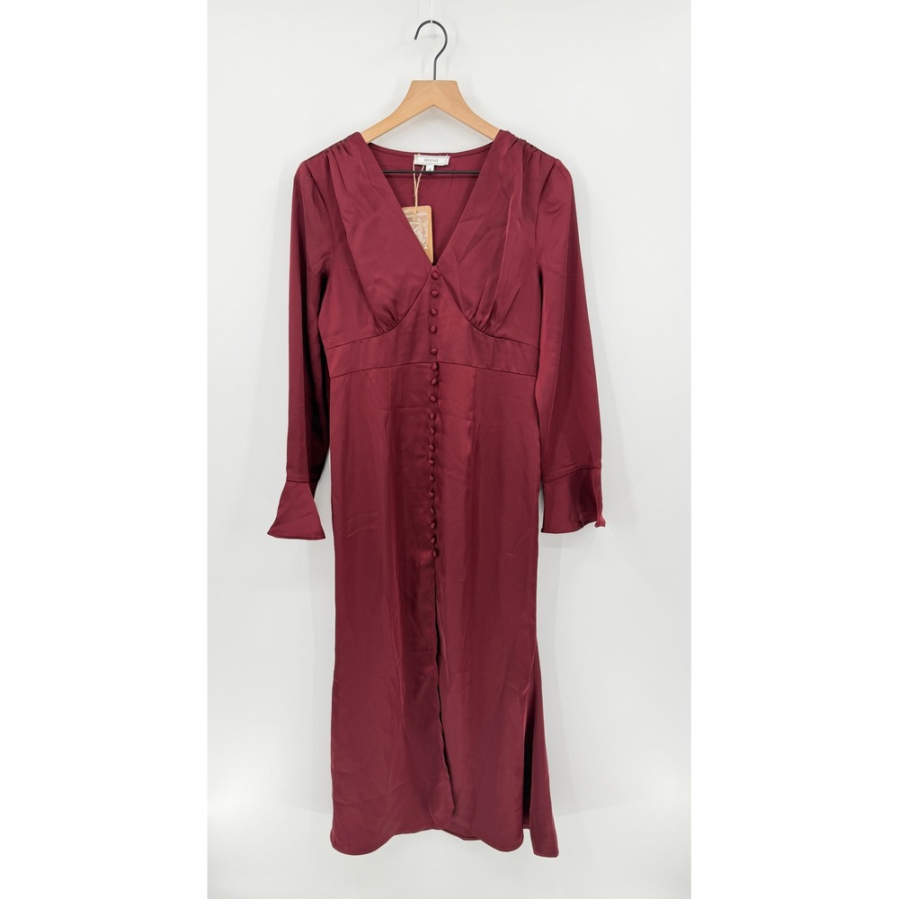 Rihoas NWT Satin Midi Dress Size M V-Neck Button Front Burgundy Slit Romantic